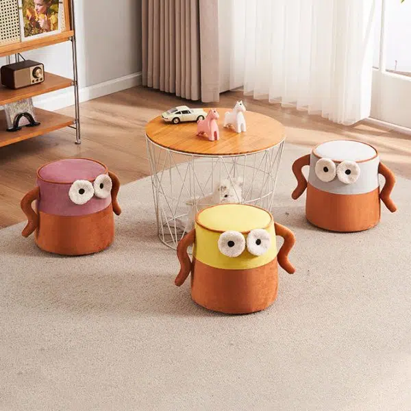 Contemporary Creative Cylinder Big Eyes Solid Wood Flannelette Footstool Backless Armless For Living Room - Image 2
