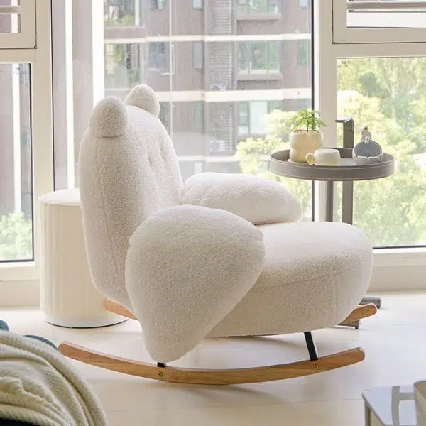 Contemporary Nordic Bear Lambswool Rubber Wood Carbon Steel Recliner Footrest Backrest Armrest For Living Room - Image 8