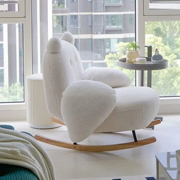 Contemporary Nordic Bear Lambswool Rubber Wood Carbon Steel Recliner Footrest Backrest Armrest For Living Room - Image 10