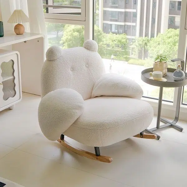 Contemporary Nordic Bear Lambswool Rubber Wood Carbon Steel Recliner Footrest Backrest Armrest For Living Room - Image 14