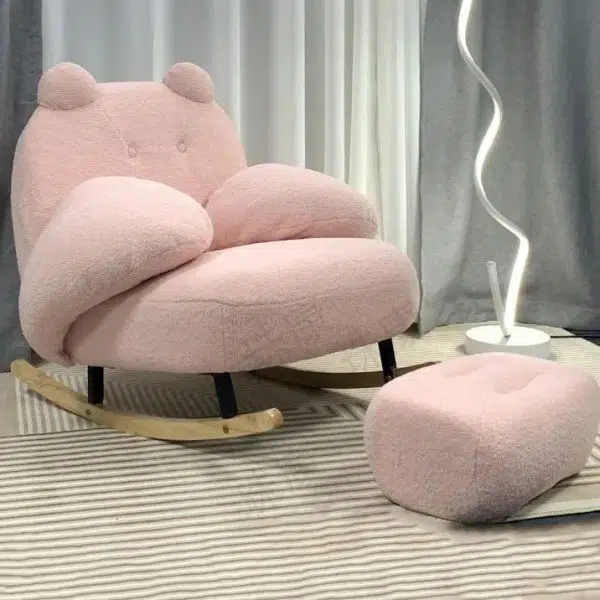 Contemporary Nordic Bear Lambswool Rubber Wood Carbon Steel Recliner Footrest Backrest Armrest For Living Room - Image 2