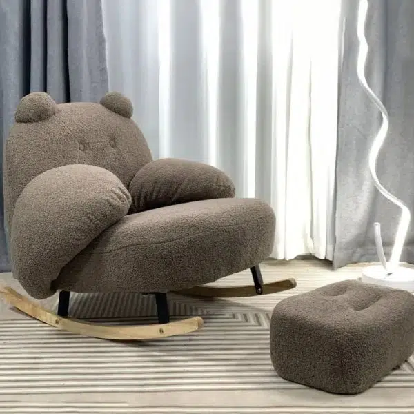 Contemporary Nordic Bear Lambswool Rubber Wood Carbon Steel Recliner Footrest Backrest Armrest For Living Room - Image 3