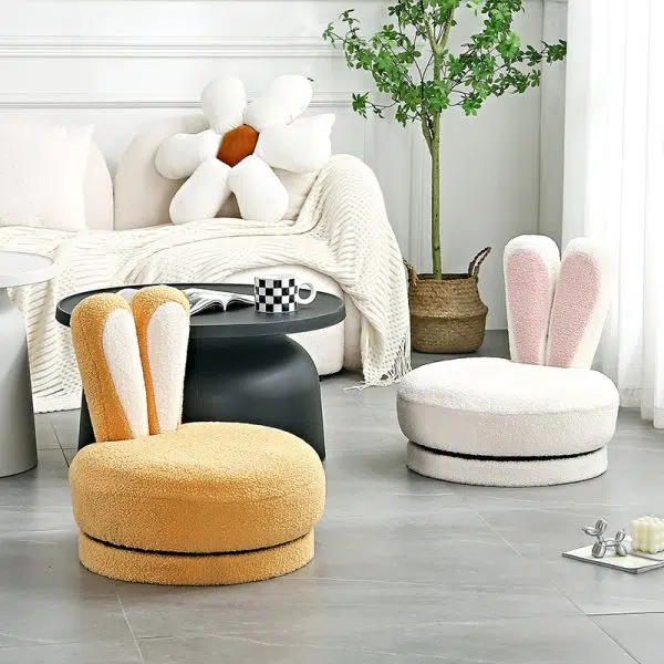 Contemporary Creative Round Rabbit Ears Swivel Lambswool Solid Wood Low Stool Backrest Armless For Living Room - Image 9