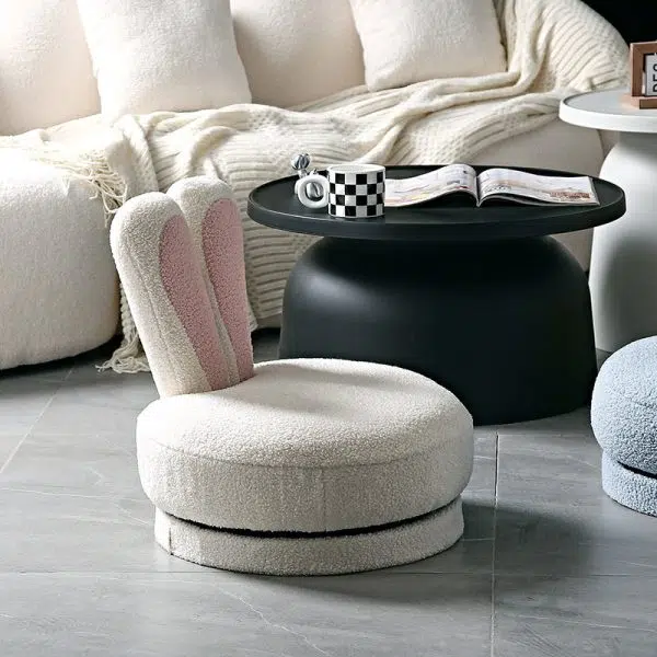 Contemporary Creative Round Rabbit Ears Swivel Lambswool Solid Wood Low Stool Backrest Armless For Living Room - Image 11
