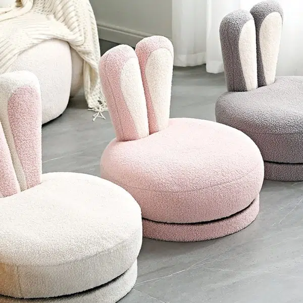 Contemporary Creative Round Rabbit Ears Swivel Lambswool Solid Wood Low Stool Backrest Armless For Living Room - Image 8
