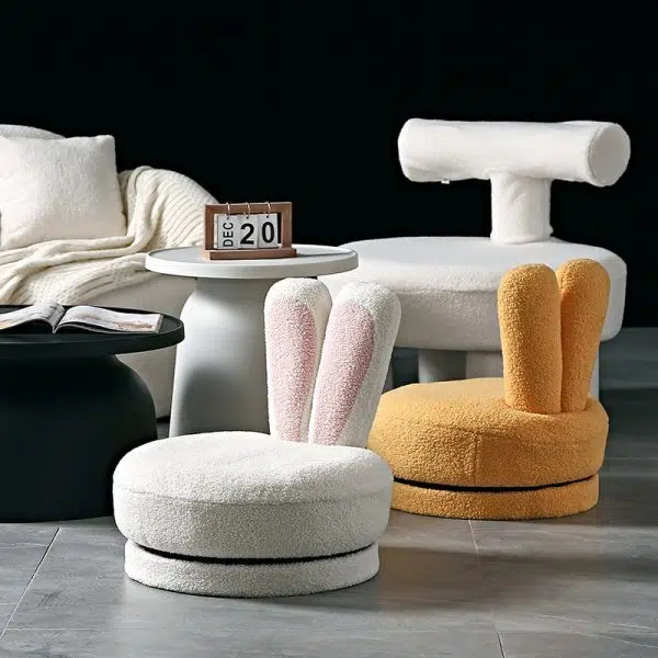 Contemporary Creative Round Rabbit Ears Swivel Lambswool Solid Wood Low Stool Backrest Armless For Living Room - Image 10