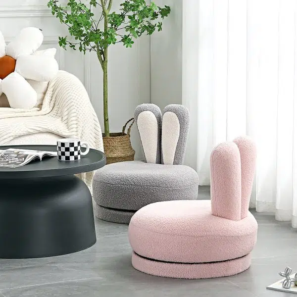 Contemporary Creative Round Rabbit Ears Swivel Lambswool Solid Wood Low Stool Backrest Armless For Living Room - Image 2