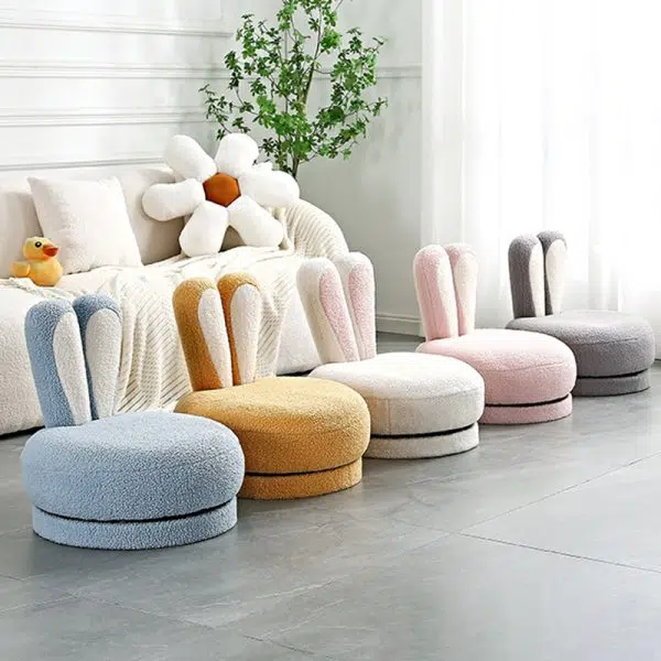 Contemporary Creative Round Rabbit Ears Swivel Lambswool Solid Wood Low Stool Backrest Armless For Living Room - Image 3
