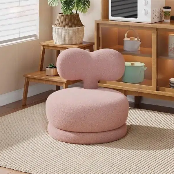 Contemporary Creative Round Rabbit Ears Bow Swivel Lambswool Solid Wood Low Stool Backrest Armless For Living Room - Image 9