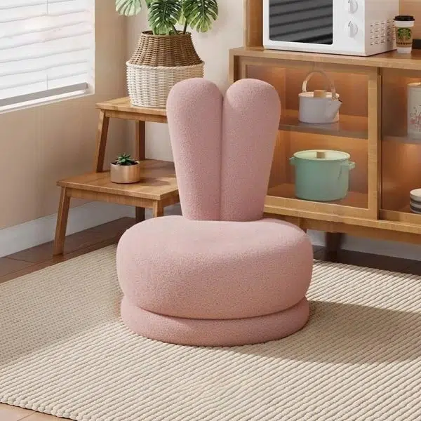 Contemporary Creative Round Rabbit Ears Bow Swivel Lambswool Solid Wood Low Stool Backrest Armless For Living Room - Image 8