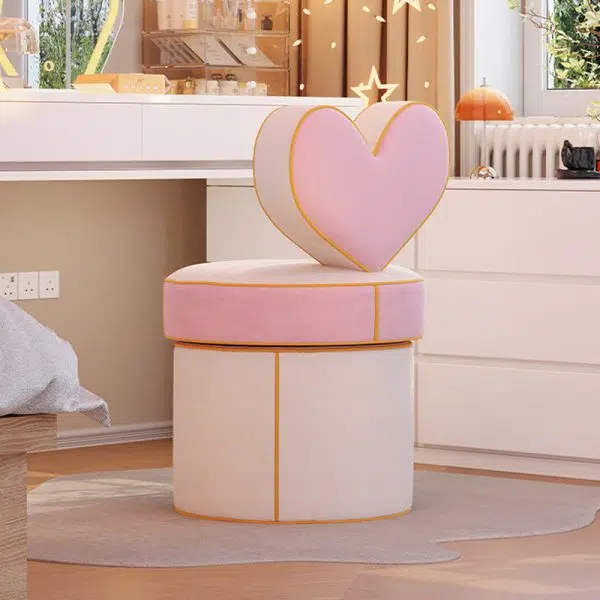 Contemporary Nordic Cylinder Love Heart Swivel Flannelette Pine Vanity Stool Backrest Armless For Bedroom - Image 2