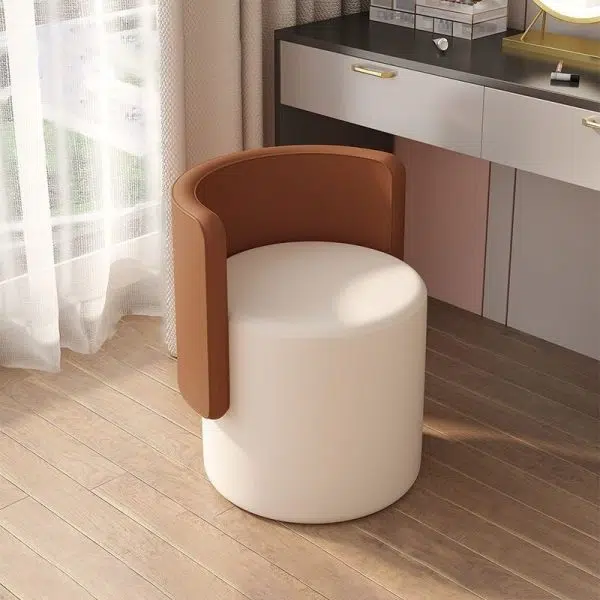 Contemporary Nordic Cylinder Swivel Solid Wood Leather Vanity Stool Backrest Armless For Bedroom - Image 14