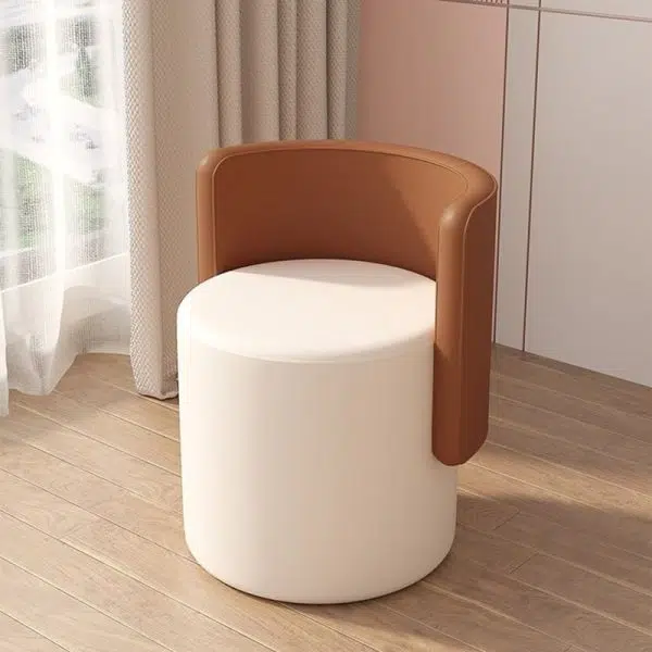Contemporary Nordic Cylinder Swivel Solid Wood Leather Vanity Stool Backrest Armless For Bedroom - Image 17