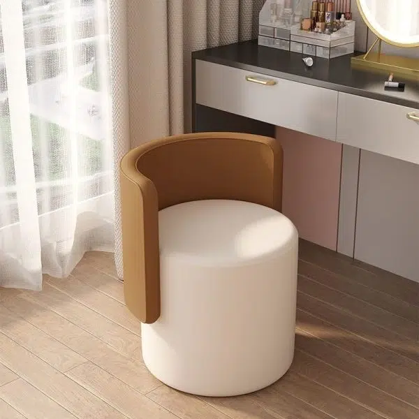 Contemporary Nordic Cylinder Swivel Solid Wood Leather Vanity Stool Backrest Armless For Bedroom - Image 15