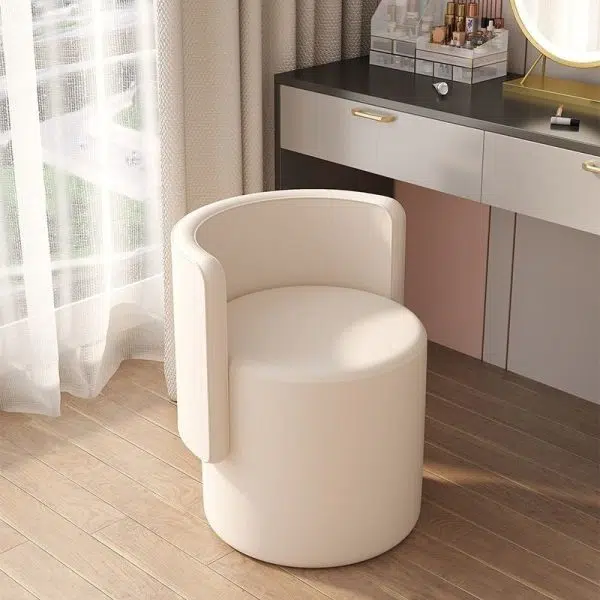 Contemporary Nordic Cylinder Swivel Solid Wood Leather Vanity Stool Backrest Armless For Bedroom - Image 10