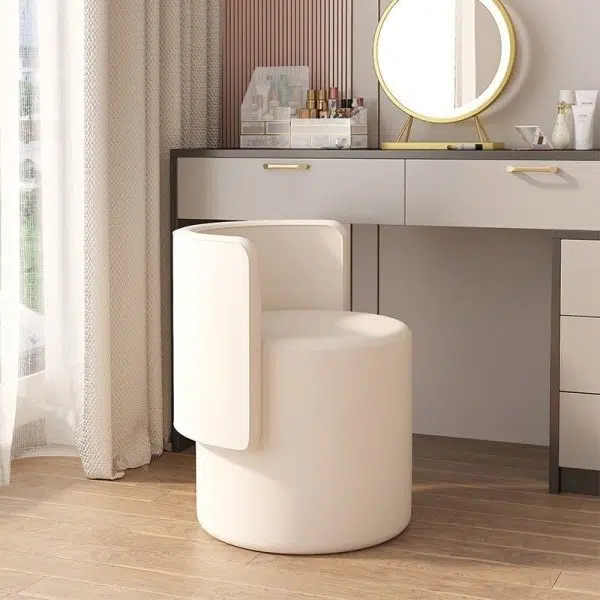Contemporary Nordic Cylinder Swivel Solid Wood Leather Vanity Stool Backrest Armless For Bedroom - Image 9