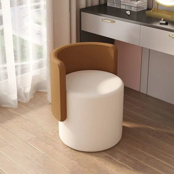 Contemporary Nordic Cylinder Swivel Solid Wood Leather Vanity Stool Backrest Armless For Bedroom - Image 2