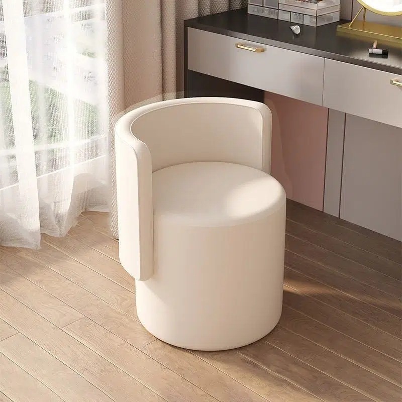 DFM-Chair-FA01239-5.jpg Contemporary Nordic Cylinder Swivel Solid Wood Leather Vanity Stool Backrest Armless For Bedroom - Image 1
