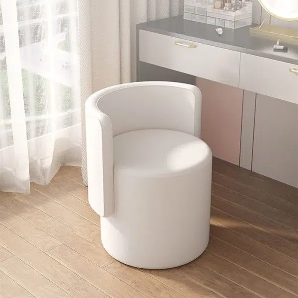 Contemporary Nordic Cylinder Swivel Solid Wood Leather Vanity Stool Backrest Armless For Bedroom - Image 11