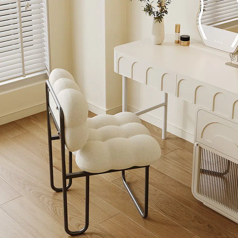 DFM-Chair-FA01247-4.jpg Contemporary Nordic Square Lambswool Iron Vanity Stool Backrest Armless For Bedroom - Image 1