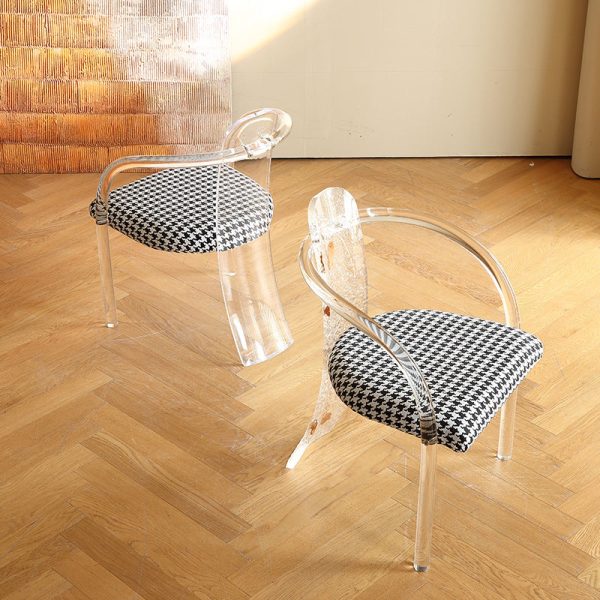 Contemporary Nordic Transparent Acrylic Arc Leaves Fabric Dining Chair Backrest Armless For Dining Room - Image 15
