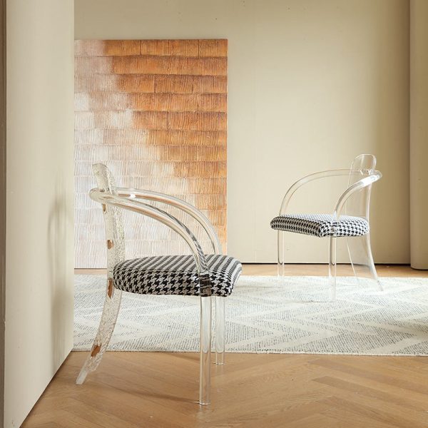 Contemporary Nordic Transparent Acrylic Arc Leaves Fabric Dining Chair Backrest Armless For Dining Room - Image 16