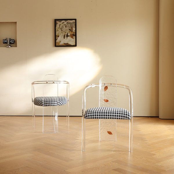 Contemporary Nordic Transparent Acrylic Arc Leaves Fabric Dining Chair Backrest Armless For Dining Room - Image 3