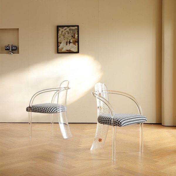 Contemporary Nordic Transparent Acrylic Arc Leaves Fabric Dining Chair Backrest Armless For Dining Room - Image 2