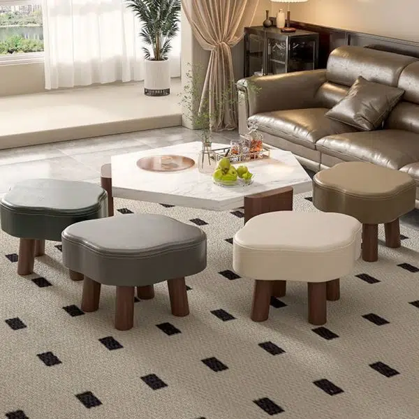 Contemporary Nordic Cloud Shape Anti-slip Strips Solid Wood Leather Low Stool Backless Armless For Living Room - Image 2