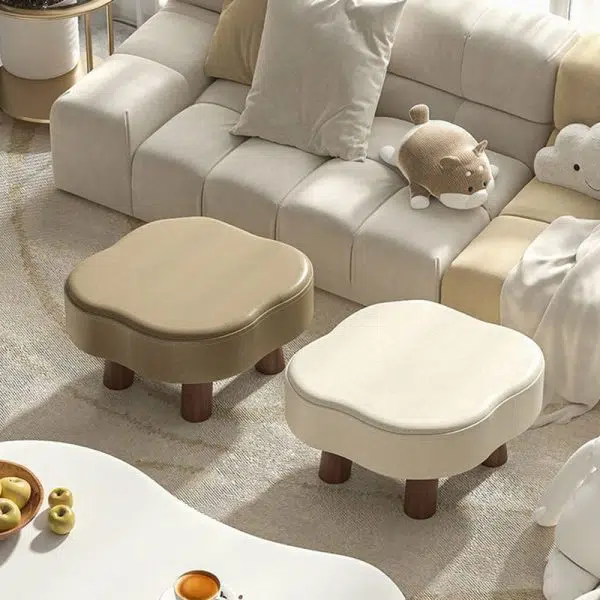 Contemporary Nordic Cloud Shape Anti-slip Strips Solid Wood Leather Low Stool Backless Armless For Living Room - Image 3