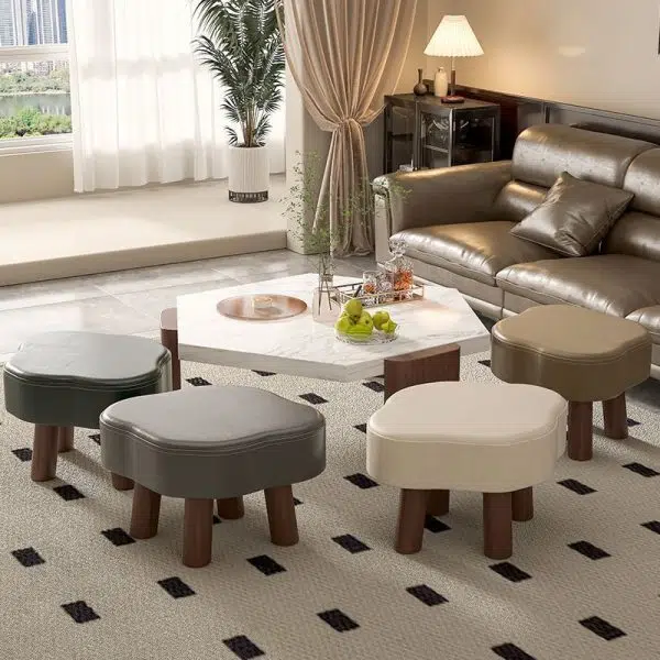 Contemporary Nordic Cloud Shape Anti-slip Strips Solid Wood Leather Low Stool Backless Armless For Living Room - Image 8