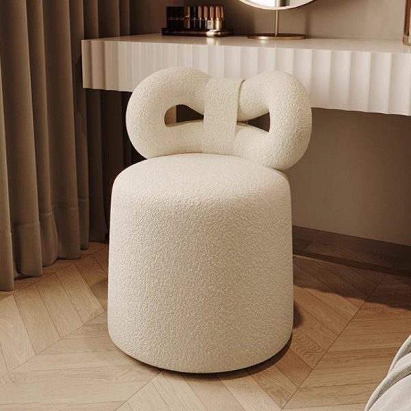 Contemporary Nordic Cream Bow Cylinder Lambswool Solid Wood Vanity Stool Backrest Armless For Bedroom - Image 8