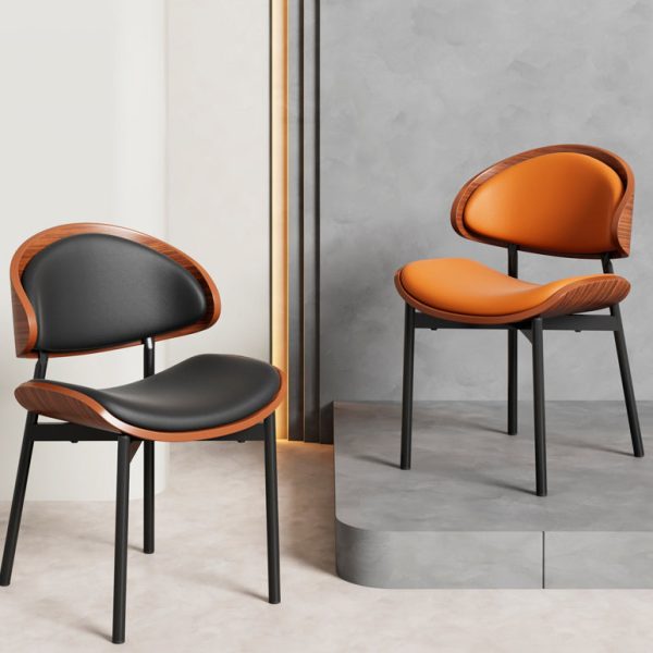 Contemporary Scandinavian Arc Leather Solid Wood Carbon Steel Dining Chair Backrest Armless For Dining Room - Image 3