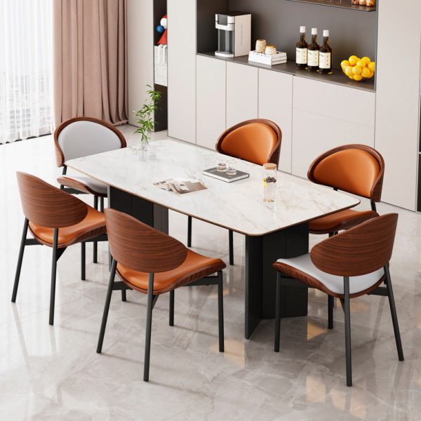 Contemporary Scandinavian Arc Leather Solid Wood Carbon Steel Dining Chair Backrest Armless For Dining Room - Image 2