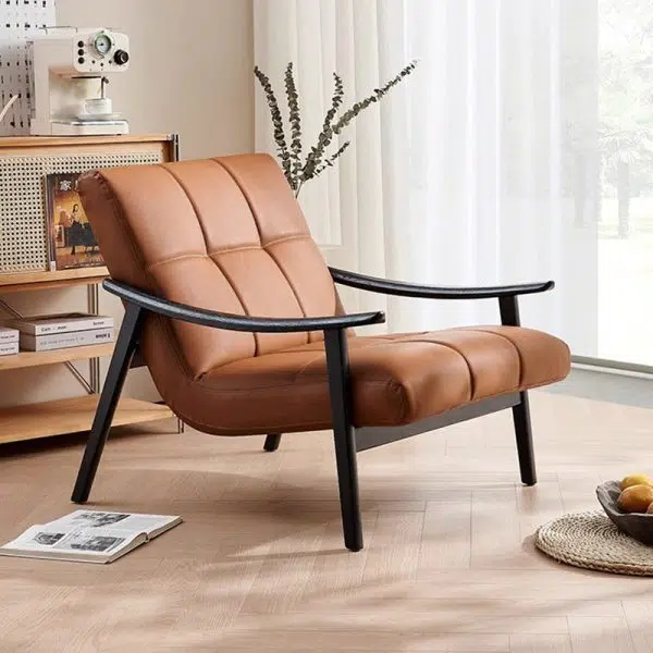 Contemporary Retro Rectangular Lattice Leather Wood Bracket Accent Chair Backrest Arm For Living Room - Image 2