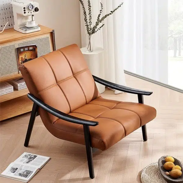 Contemporary Retro Rectangular Lattice Leather Wood Bracket Accent Chair Backrest Arm For Living Room - Image 3