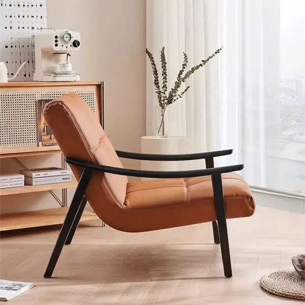 Contemporary Retro Rectangular Lattice Leather Wood Bracket Accent Chair Backrest Arm For Living Room - Image 17