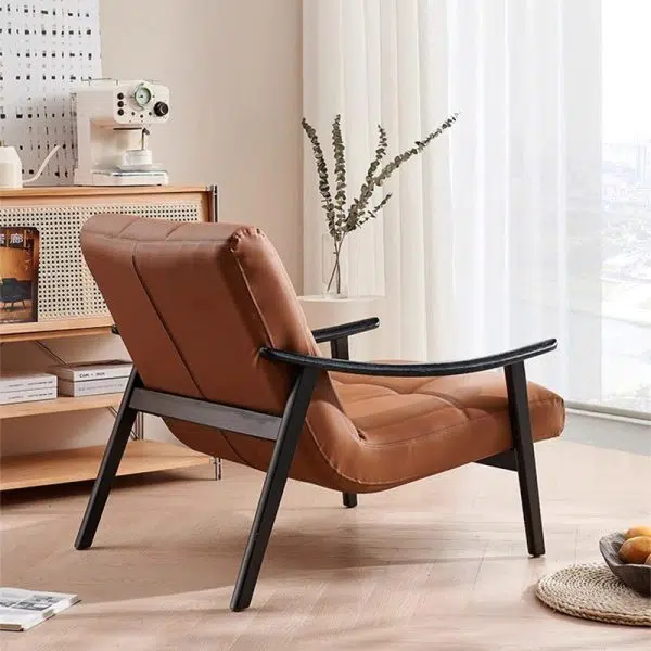 Contemporary Retro Rectangular Lattice Leather Wood Bracket Accent Chair Backrest Arm For Living Room - Image 18