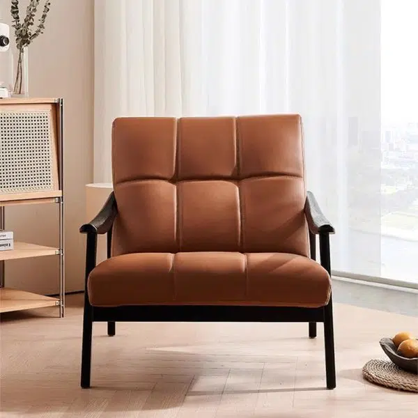 Contemporary Retro Rectangular Lattice Leather Wood Bracket Accent Chair Backrest Arm For Living Room - Image 19
