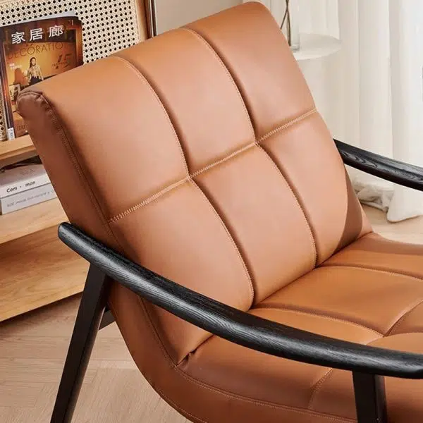 Contemporary Retro Rectangular Lattice Leather Wood Bracket Accent Chair Backrest Arm For Living Room - Image 6