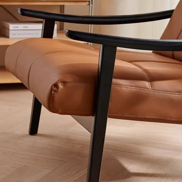 Contemporary Retro Rectangular Lattice Leather Wood Bracket Accent Chair Backrest Arm For Living Room - Image 14