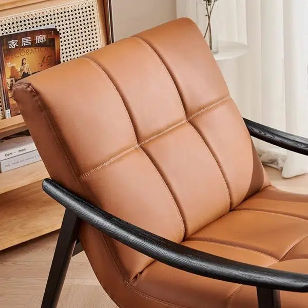 Contemporary Retro Rectangular Lattice Leather Wood Bracket Accent Chair Backrest Arm For Living Room - Image 5