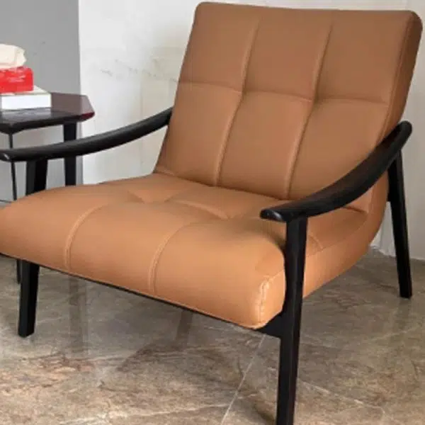 Contemporary Retro Rectangular Lattice Leather Wood Bracket Accent Chair Backrest Arm For Living Room - Image 16