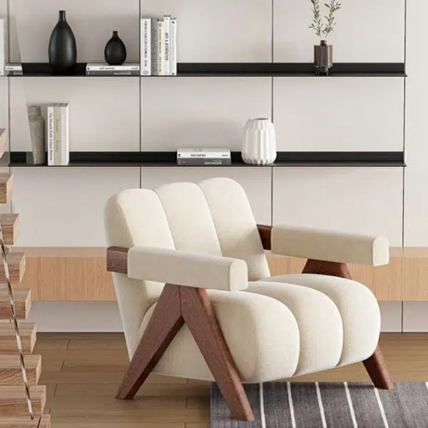 Contemporary Nordic Rectangular Striped Upholstered Velvet Solid Wood Accent Chair Backrest Arm For Living Room - Image 7