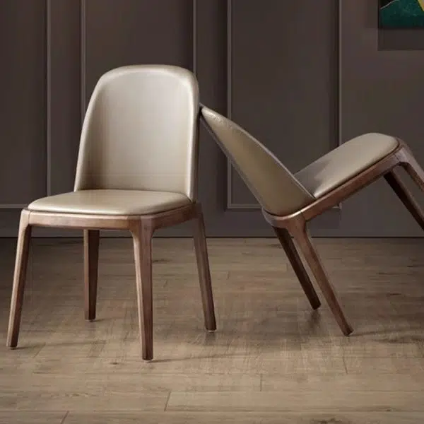 Contemporary Nordic Square Leather Solid Wood Dining Chair Curved Backrest For Dining Room - Image 25