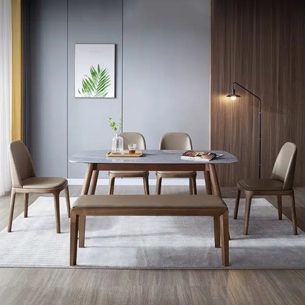 Contemporary Nordic Square Leather Solid Wood Dining Chair Curved Backrest For Dining Room - Image 26