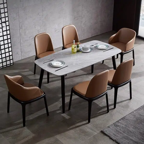 Contemporary Nordic Square Leather Solid Wood Dining Chair Curved Backrest For Dining Room - Image 27