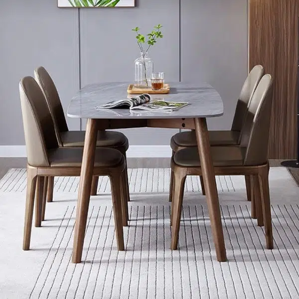 Contemporary Nordic Square Leather Solid Wood Dining Chair Curved Backrest For Dining Room - Image 28