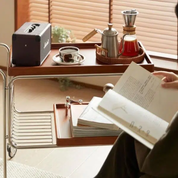 Contemporary Retro Rectangular Wooden Stainless Steel Dining Cart 2-Tier For Dining Room - Image 7