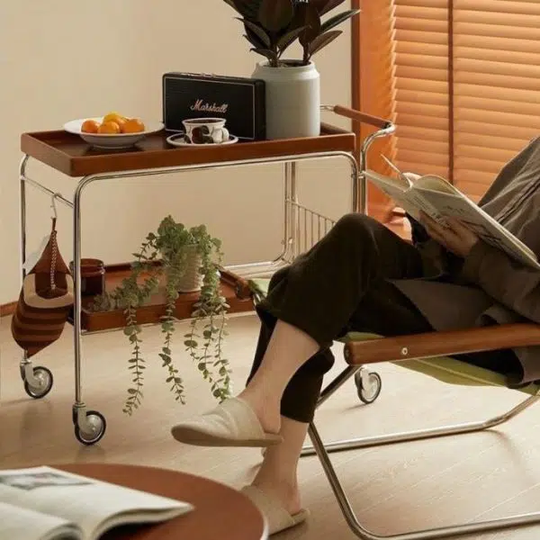 Contemporary Retro Rectangular Wooden Stainless Steel Dining Cart 2-Tier For Dining Room - Image 8